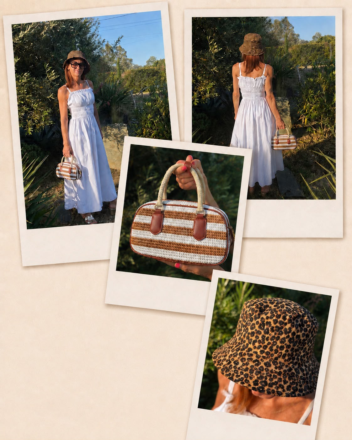 Looks d'été JULIE&CO : robe blanche, chapeau léopard et sac à main